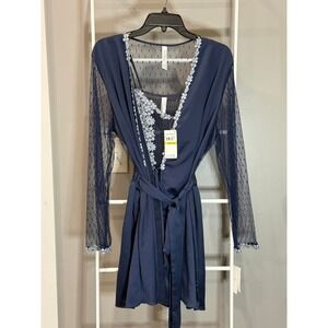 NWT Flora Nikrooz Showstopper Lingerie Set Robe & Gown Navy Blue Medium Coquette
